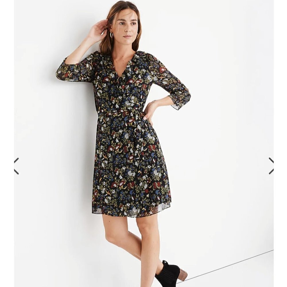 Madewell Sheer Sleeve Ruffle Wrap Dress in Finch Floral M